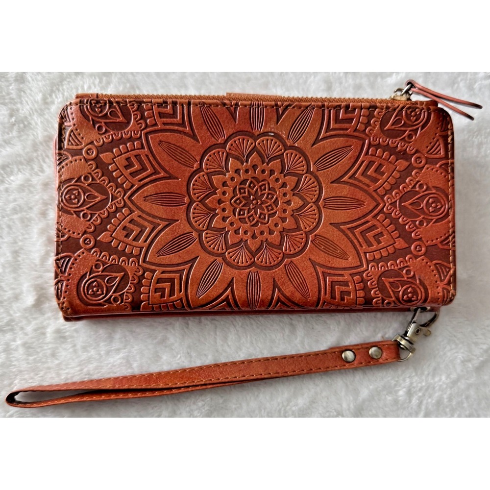 Hand Tooled Brown Leather Floral Wallet‎ Trifold Magnetic Closure - Picture 3 of 10